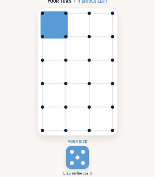 Dots and Boxes game board with dice and scores